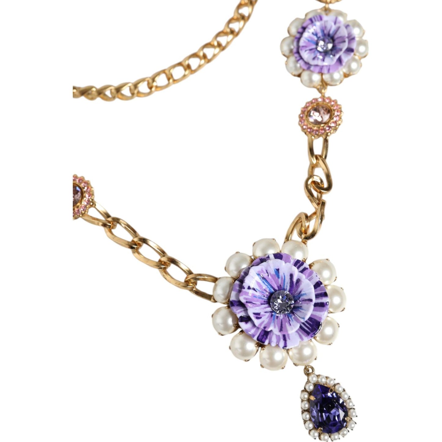 Dolce & Gabbana Gold Tone Floral Crystals Embellished Layered Necklace Necklace Dolce & Gabbana Light Gray
