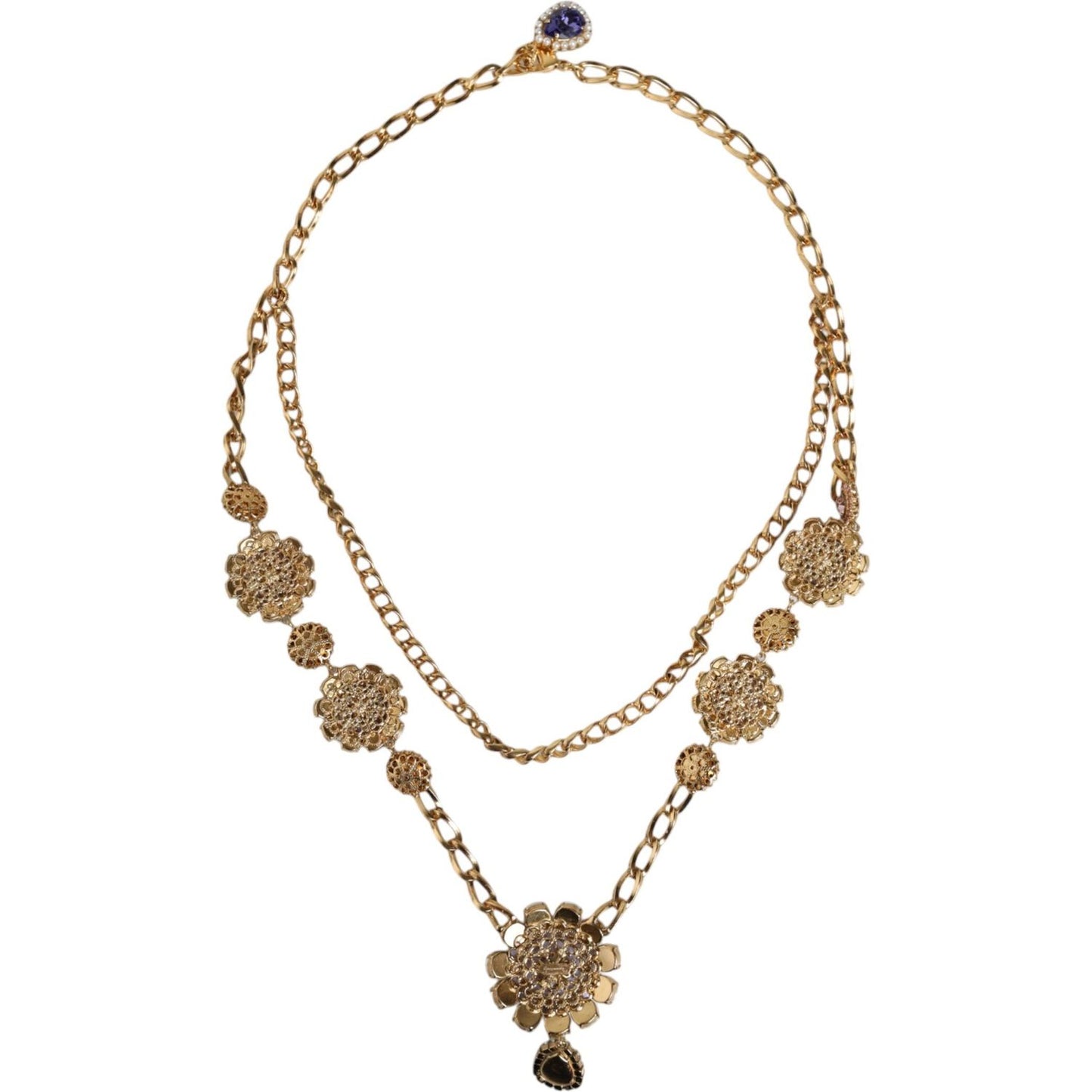 Dolce & Gabbana Gold Tone Floral Crystals Embellished Layered Necklace Necklace Dolce & Gabbana Rosy Brown