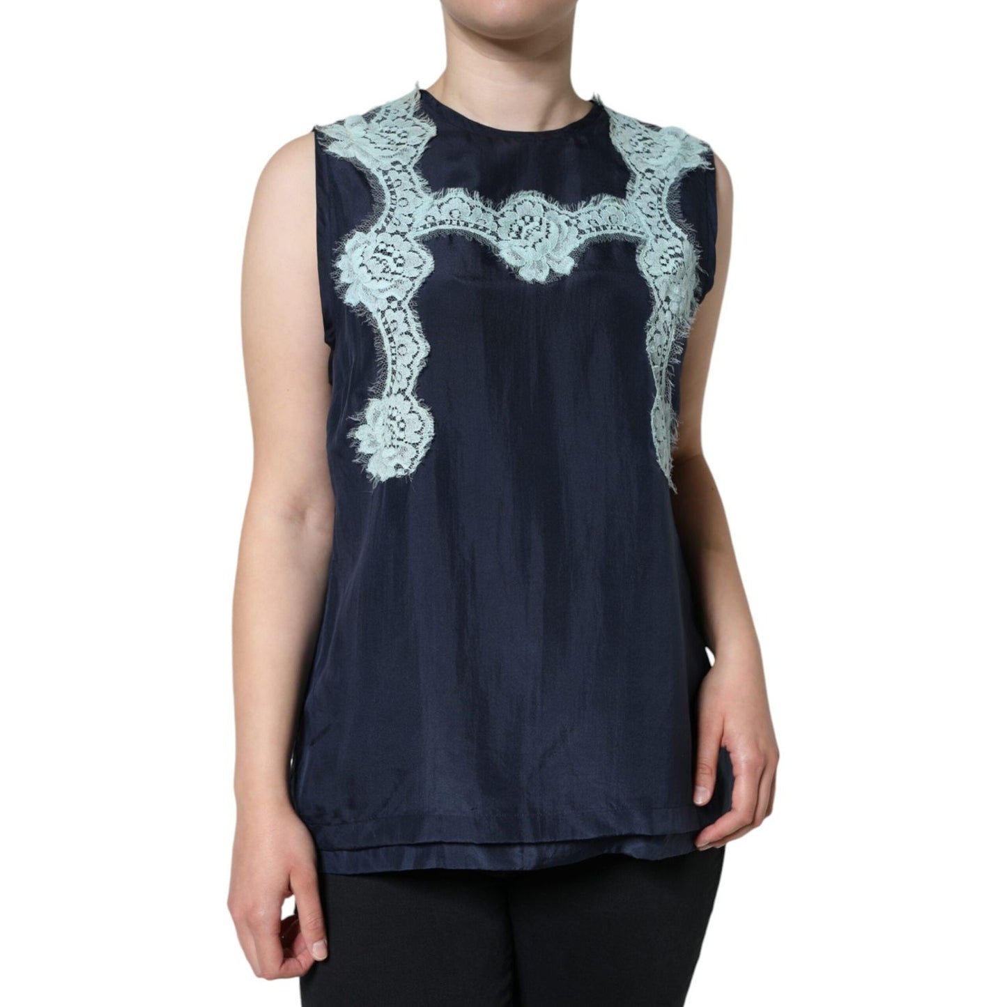 Dolce & Gabbana Blue Floral Lace Silk Sleeveless Tank Top Dolce & Gabbana Gray