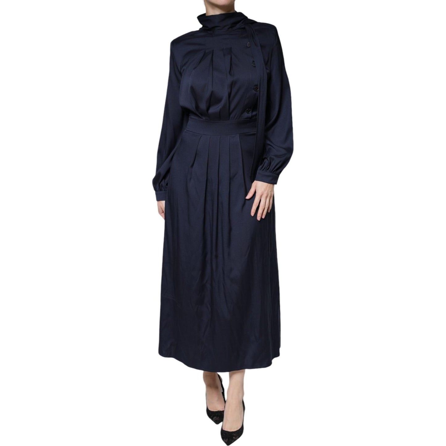Ballantyne Dark Blue Long Sleeves Pleated A-line Maxi Dress Ballantyne Dark Slate Gray