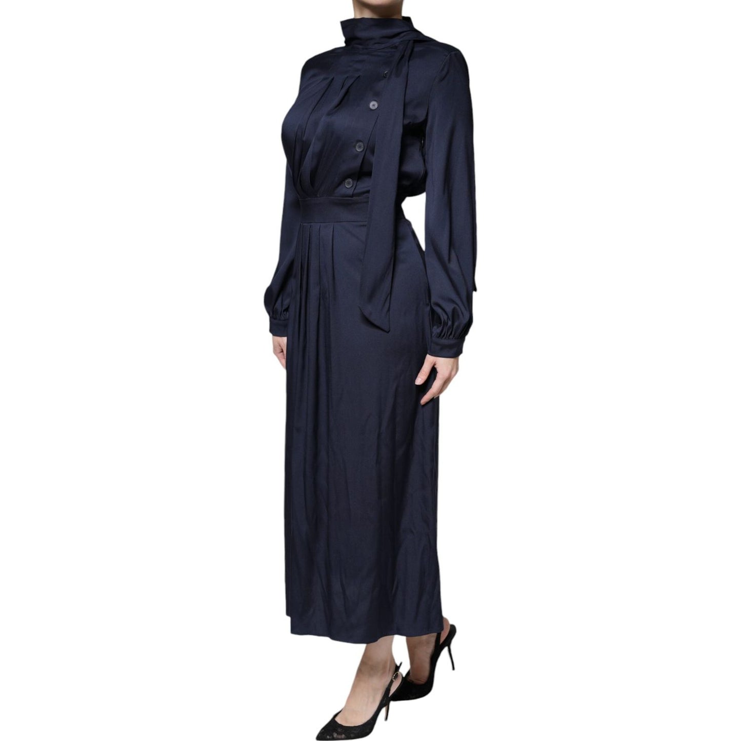 Ballantyne Dark Blue Long Sleeves Pleated A-line Maxi Dress Ballantyne Dark Slate Gray
