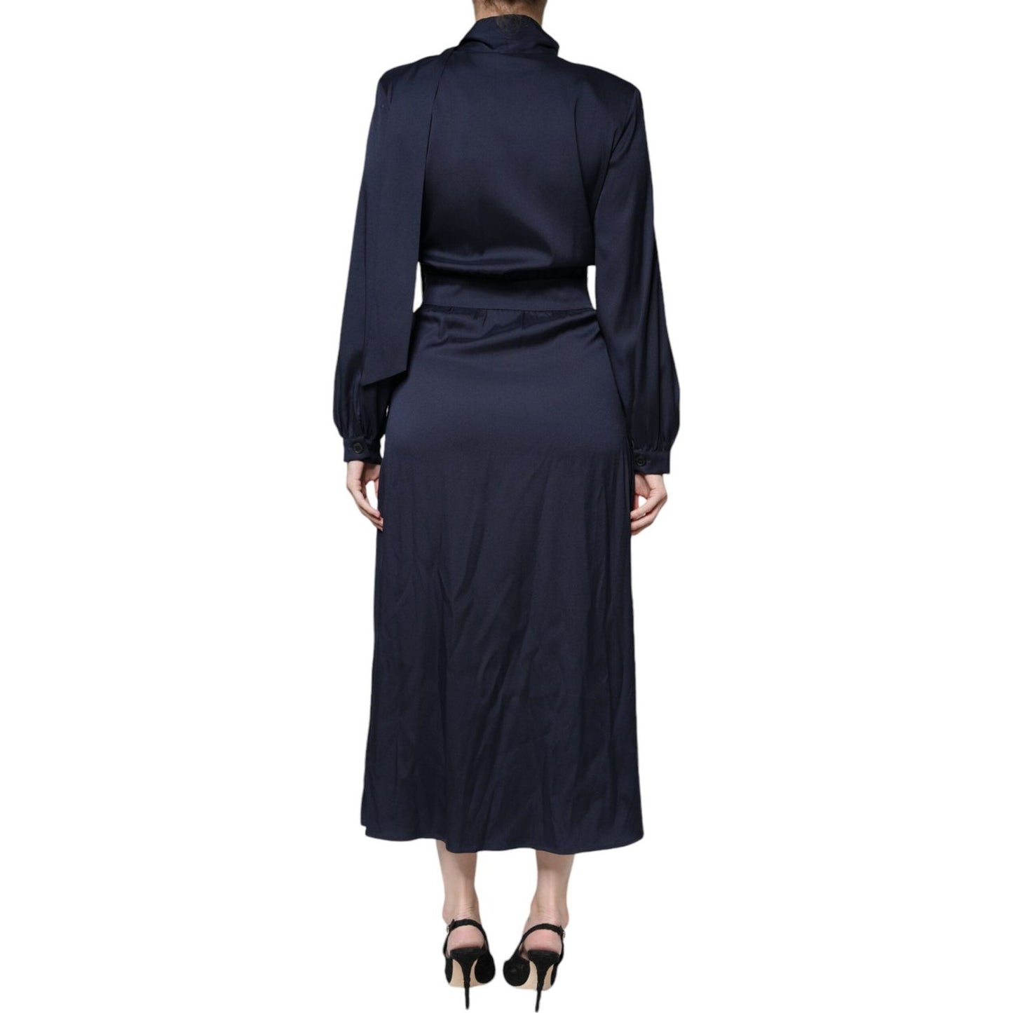 Ballantyne Dark Blue Long Sleeves Pleated A-line Maxi Dress Ballantyne Dark Slate Gray