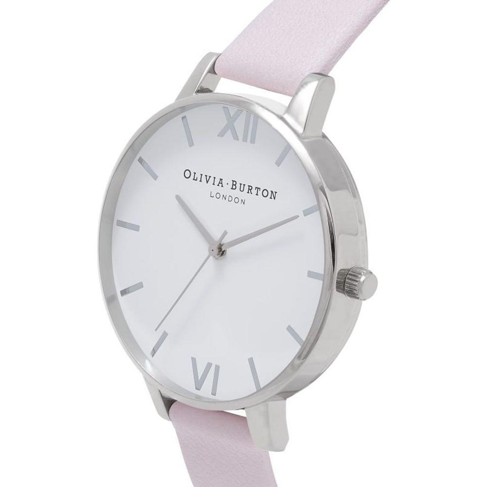 Olivia Burton Multicolor Artificial Leather Dress Watch with pink bracelet, silver stainless steel case, and white dial.