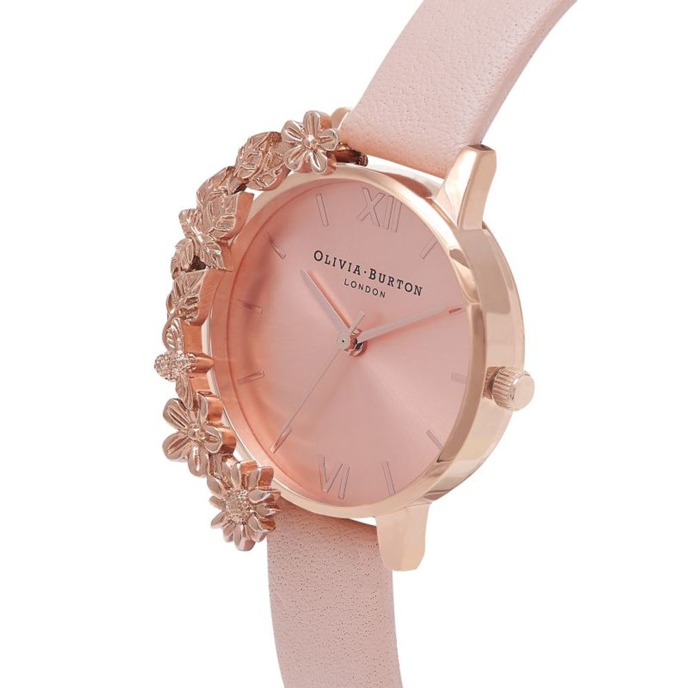 Olivia Burton Multicolor Artificial Leather Dress Watch with pink dial, stainless steel case, floral design, and pink synthetic leather strap.