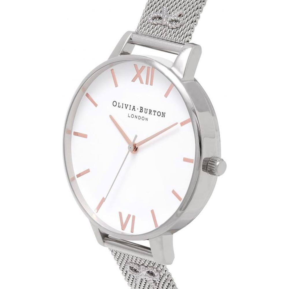 Olivia Burton Silver Stainless Steel Dress Watch with white dial and silver mesh bracelet, featuring quartz analog display.