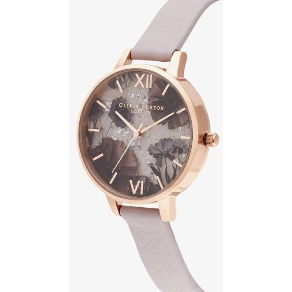 Olivia Burton Multicolor Artificial Leather Dress Watch with floral dial, pink stainless steel case, and pink synthetic leather strap.