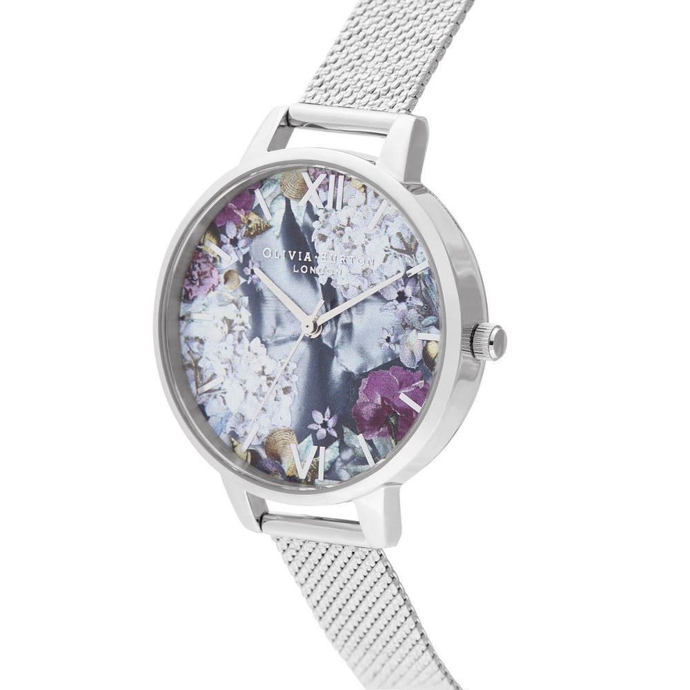 Olivia Burton Silver Stainless Steel Dress Watch with multicolored floral dial, mesh bracelet, analog display, and quartz mechanism.
