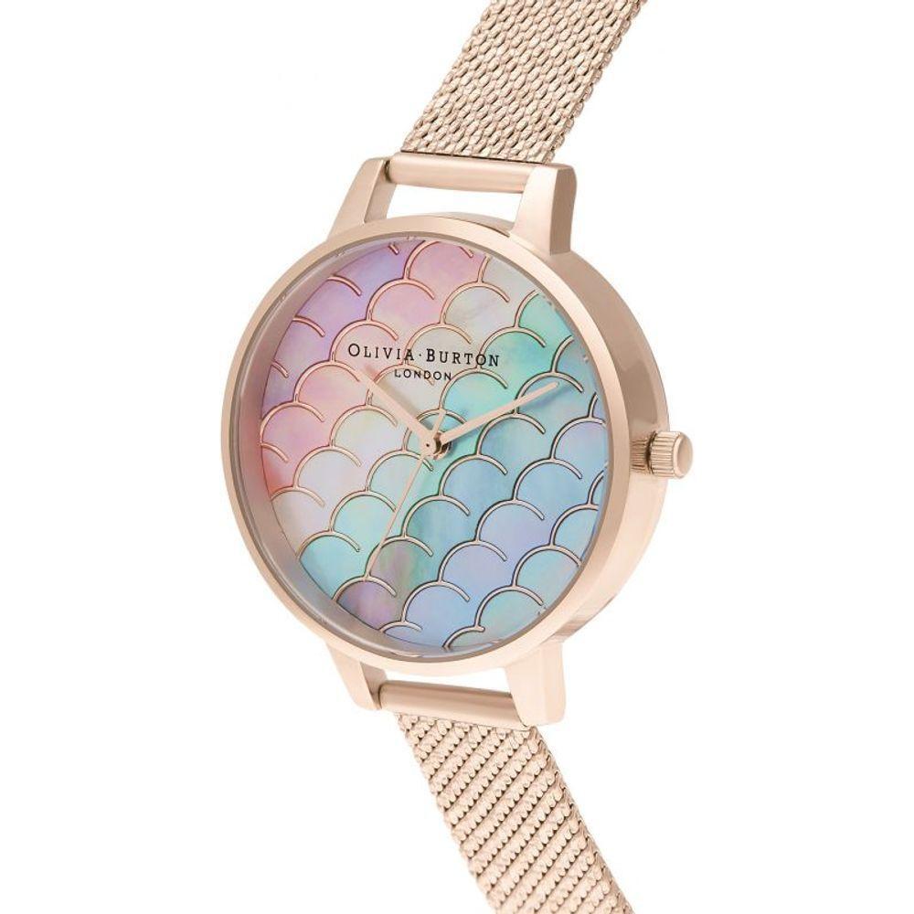 Olivia Burton Multicolor Stainless Steel Dress Watch with pink case, multicolored dial, and pink stainless steel bracelet.