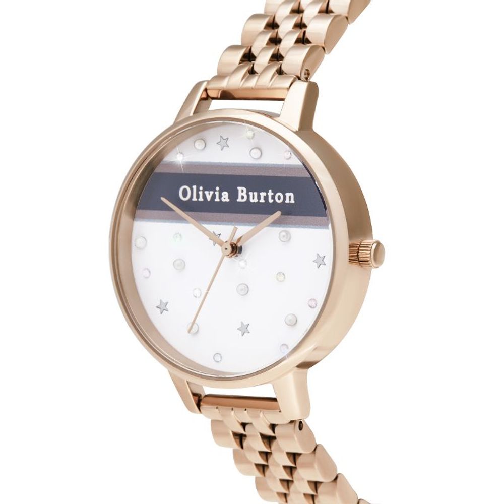 Olivia Burton Multicolor Stainless Steel Dress Watch with pink band and star design on dial, quartz movement, 34mm.