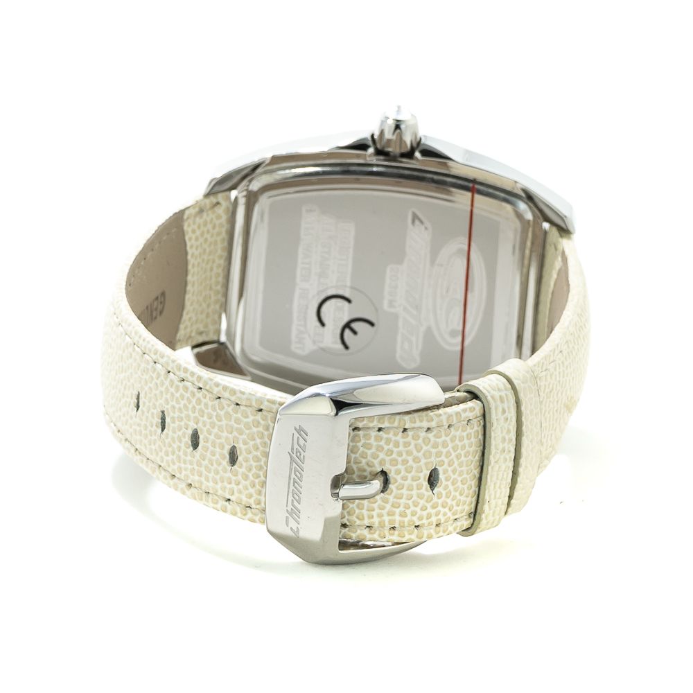 Back view of Chronotech White Leather Dress Watch with silver steel case and beige dial, featuring white leather bracelet and buckle closure.