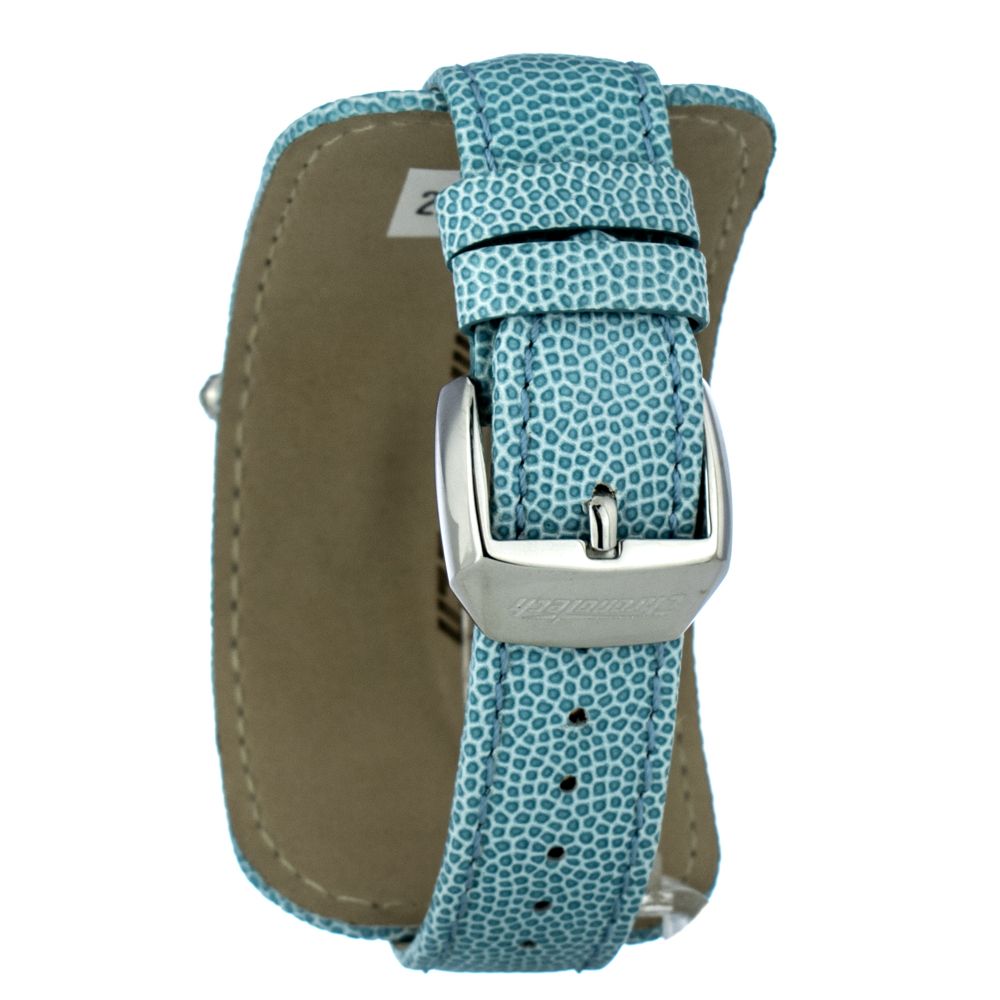 Blue textured leather watch strap with silver buckle clasp, showcasing intricate design and craftsmanship.