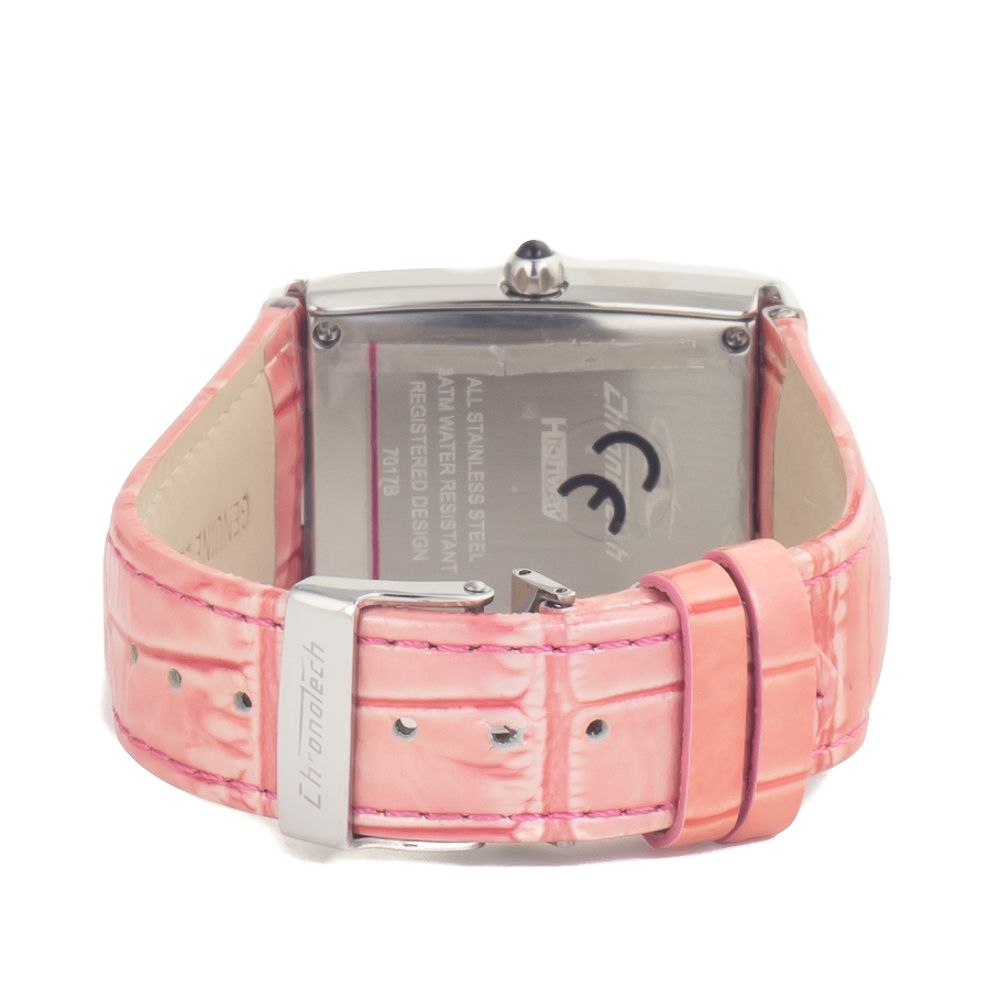 Back view of Chronotech Multicolor Leather Dress Watch with pink leather strap and silver case featuring buckle closure.