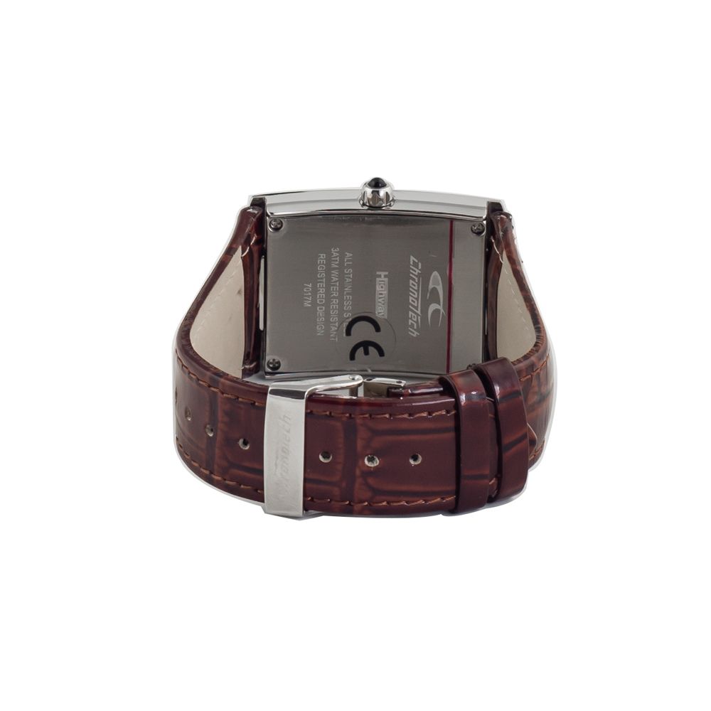 Back view of Chronotech Brown Leather Dress Watch with quartz mechanism and silver steel case.