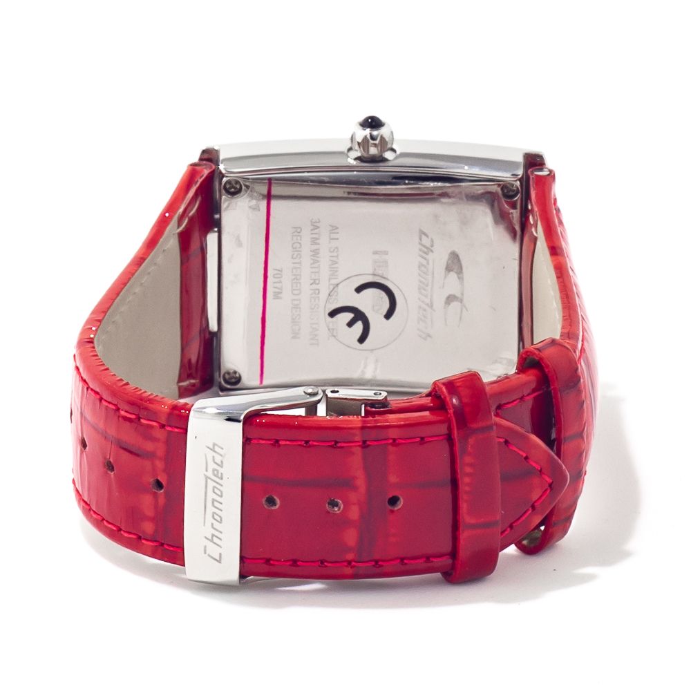 Chronotech Red Leather Dress Watch featuring a silver steel case and red leather strap with buckle closure, view of the back case.