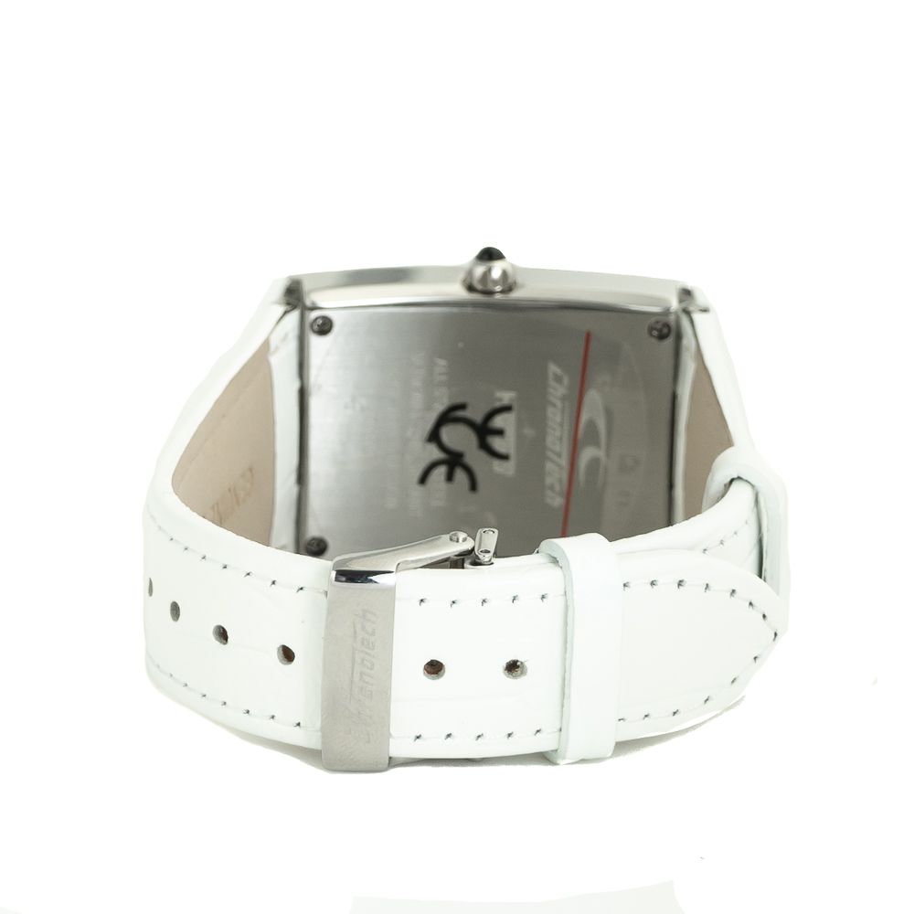 Back view of Chronotech White Leather Dress Watch showcasing silver steel case and white leather strap with buckle closure.