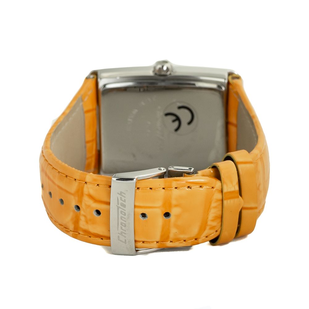 Back view of Chronotech Orange Leather Dress Watch with orange leather strap and silver steel case, showcasing the buckle closure.