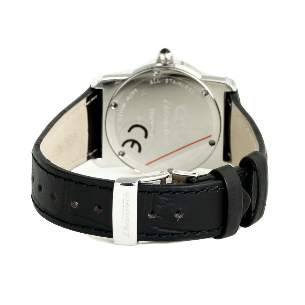 Chronotech Black Leather Dress Watch with silver steel case and buckle clasp, shown from the back displaying quartz mechanism details.