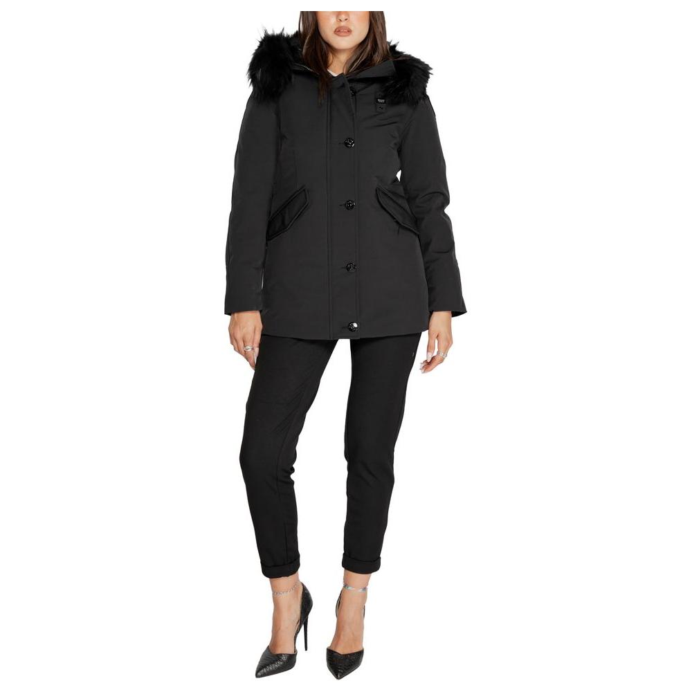 Blauer Black Polyester Women's Jacket with Faux Fur Hood, Fall/Winter Collection. Stylish coat perfect for cold weather.