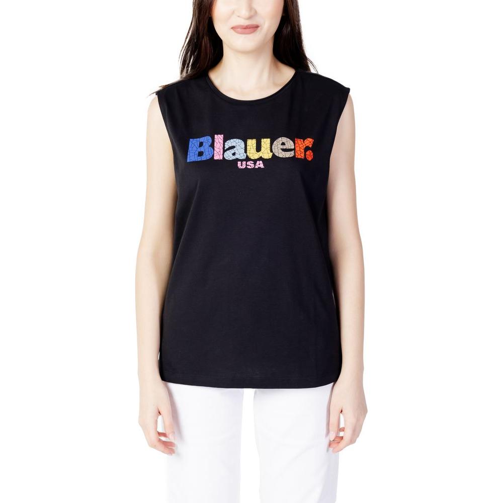 Women's Blauer black cotton T-shirt, part of the Spring/Summer collection, featuring colorful logo design.
