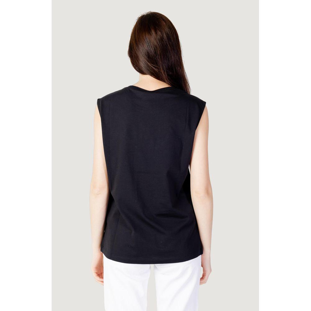 Rear view of a woman wearing a Blauer black cotton sleeveless T-shirt, part of the women's spring/summer collection.