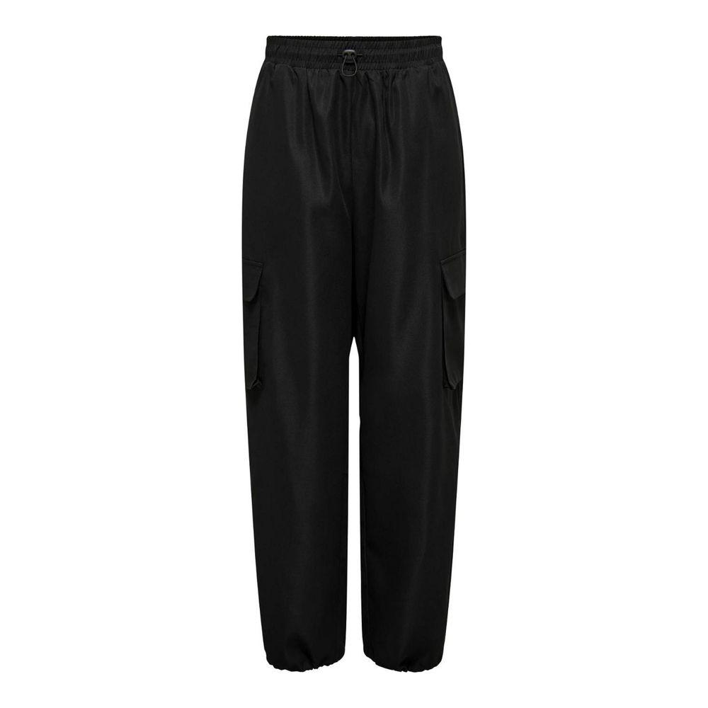 Women's black cotton blend trousers, spring/summer collection, featuring a 70% cotton and 30% polyester composition.