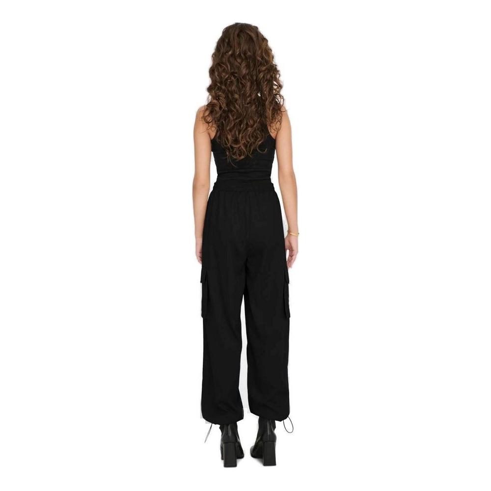 Back view of women's only black cotton jeans and pants, spring/summer collection, 70% cotton, 30% polyester.