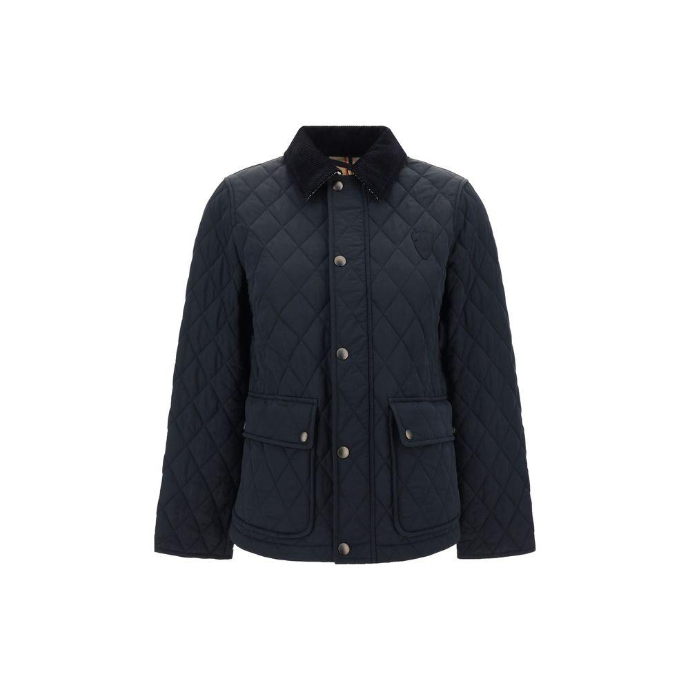 Burberry quilted jacket with velvet collar, two patch flap pockets, concealed front zipper, button flap closure, and Archivio Check lining.