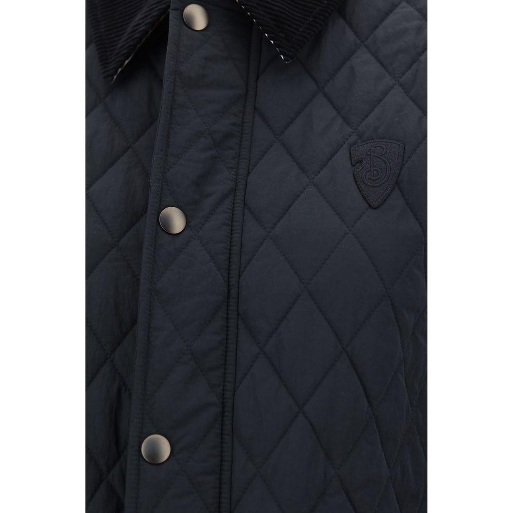 Burberry quilted jacket with velvet collar and logo patch, featuring a concealed front zipper, button closure, and patch pockets.