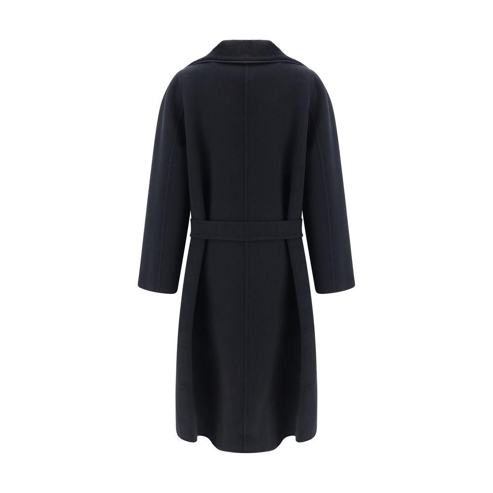 Back view of Fendi Virgin Wool Coat with shawl lapels, lamb fur detail, knotted sash, monochrome pattern, regular fit, side pockets.