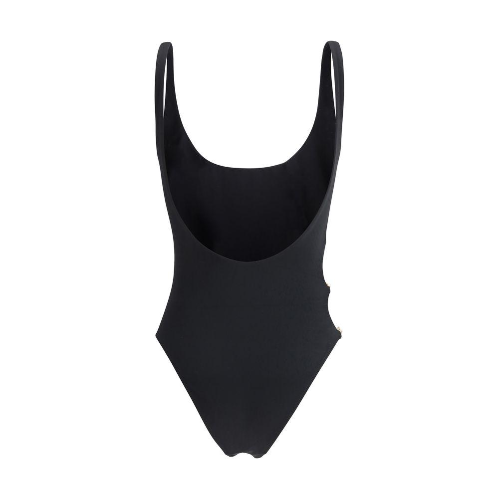 Versace one-piece swimsuit with monochrome design, classic straps, deep back neckline, side cut-outs, and Medusa logo plaques.