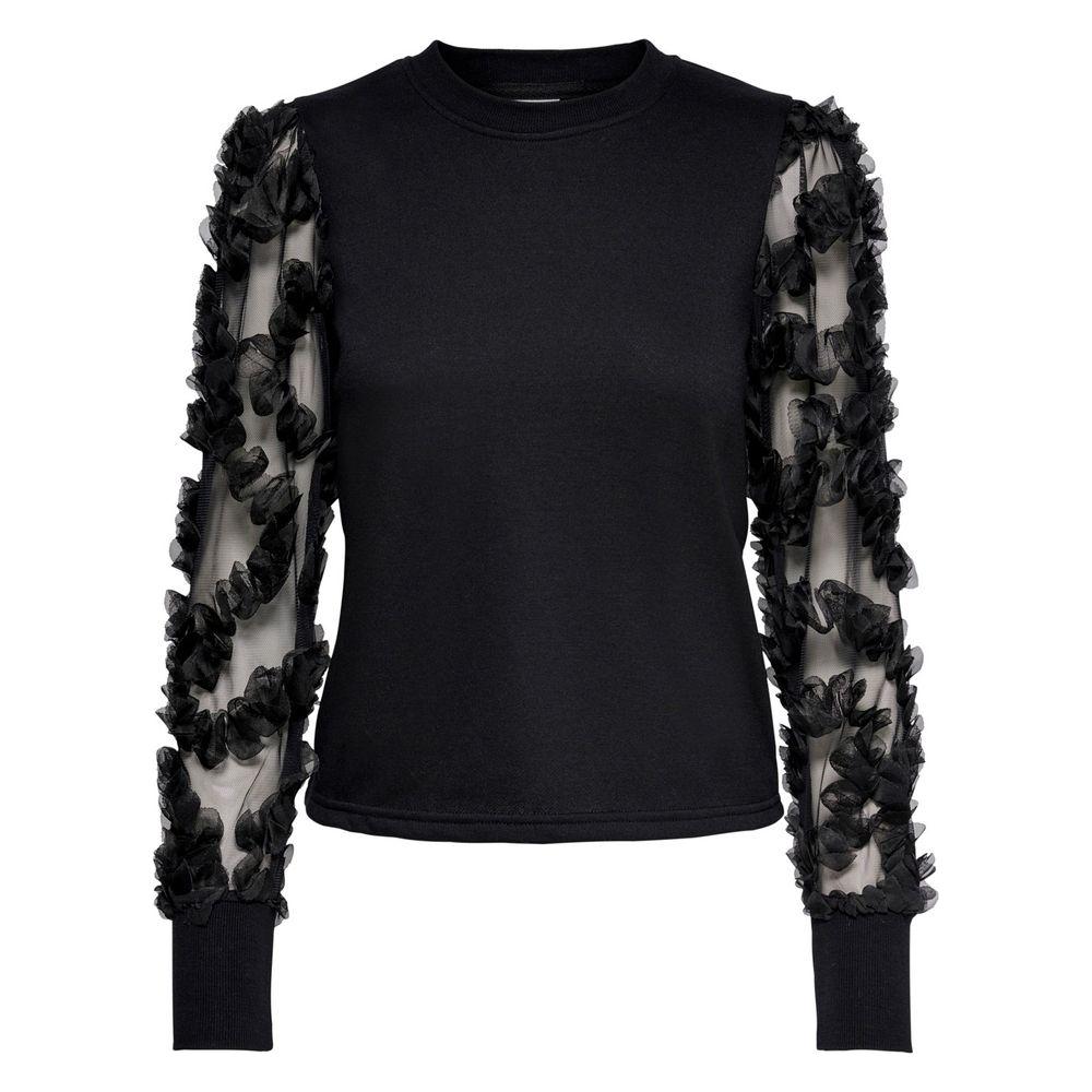 Jacqueline De Yong black knit sweater with ruffled mesh sleeves, women's fall/winter fashion, 99% cotton, 1% polyester.