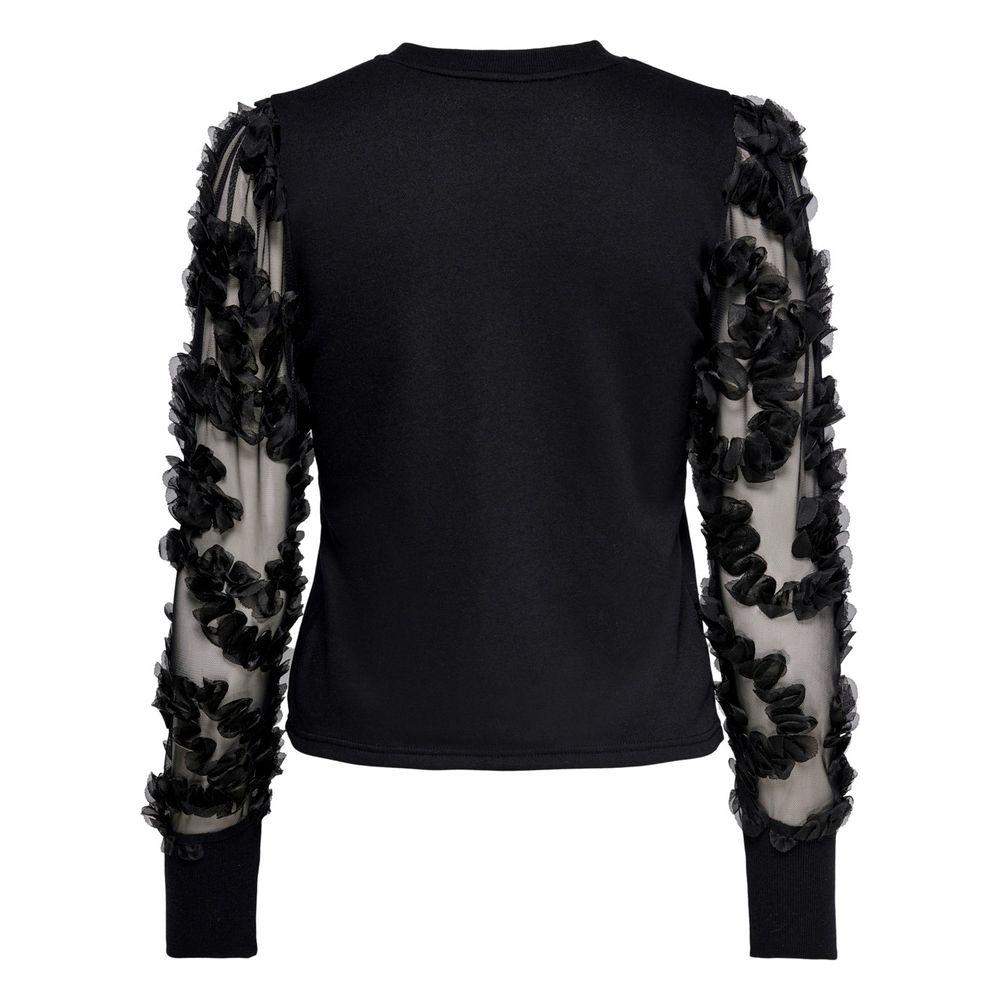 Jacqueline De Yong black cotton sweater with sheer floral sleeves, women's knitwear for fall/winter collection, back view.
