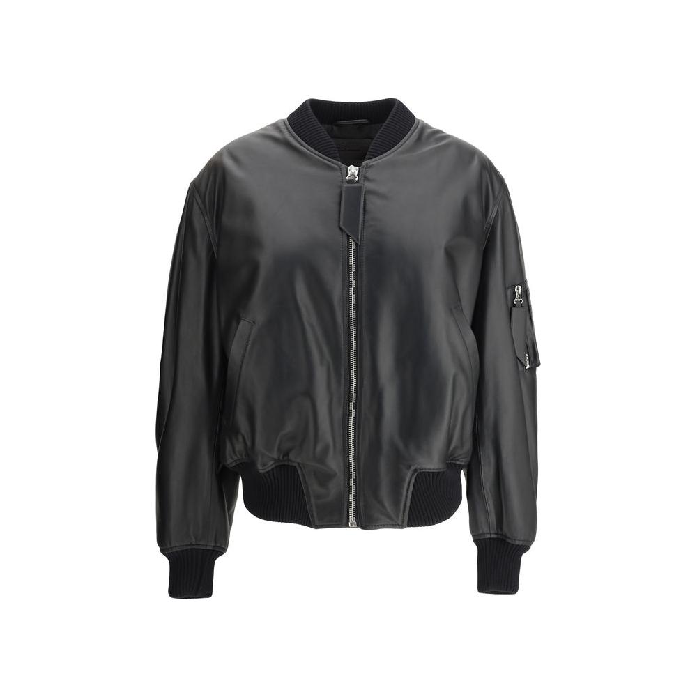 The Attico leather Anja bomber jacket with ribbed collar, front zipper, wide sleeves, zippered sleeve pocket, ribbed cuffs and hem.