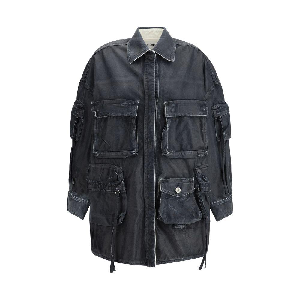 The Attico Fern Denim Jacket with classic collar, snap closures, cargo pockets, embroidered logo, vintage worn look, oversized fit.