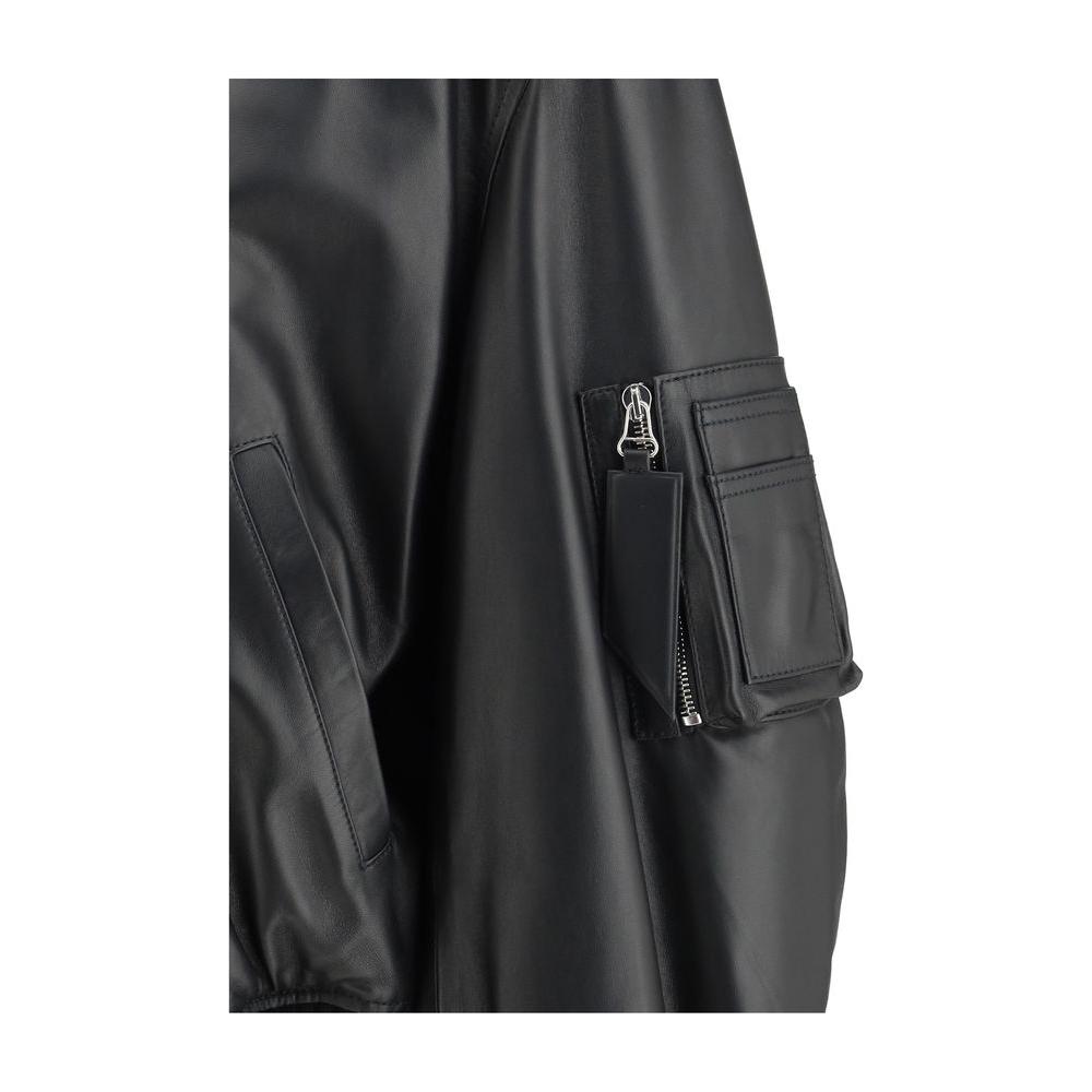 The Attico Black Leather Anja Bomber Jacket with Zip Patch Pocket and Ribbed Details