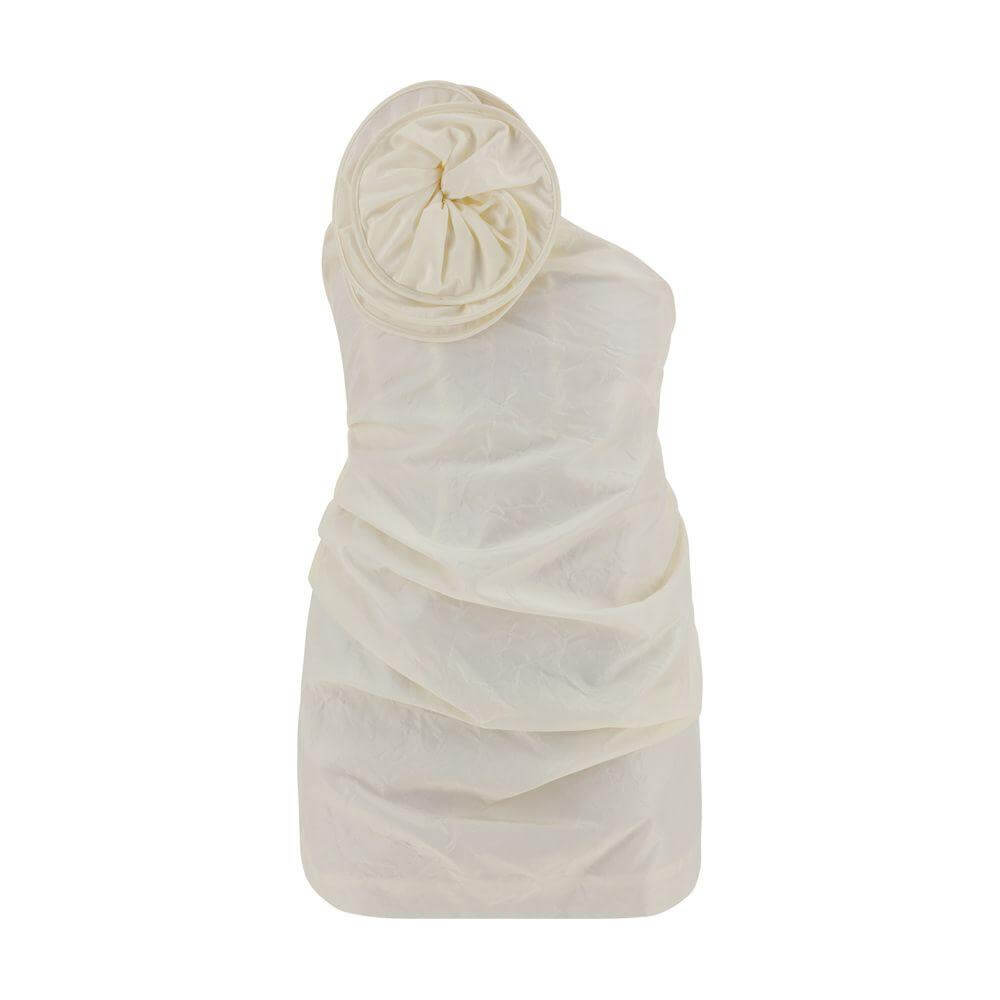 Magda Butrym Silk Mini Dress with asymmetrical off-shoulder design, ruched fabric, and maxi flower applique in front. Back zipper closure.