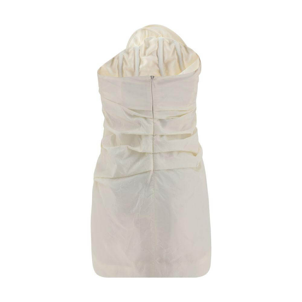 Rear view of Magda Butrym silk mini dress with ruched design and invisible zipper closure.