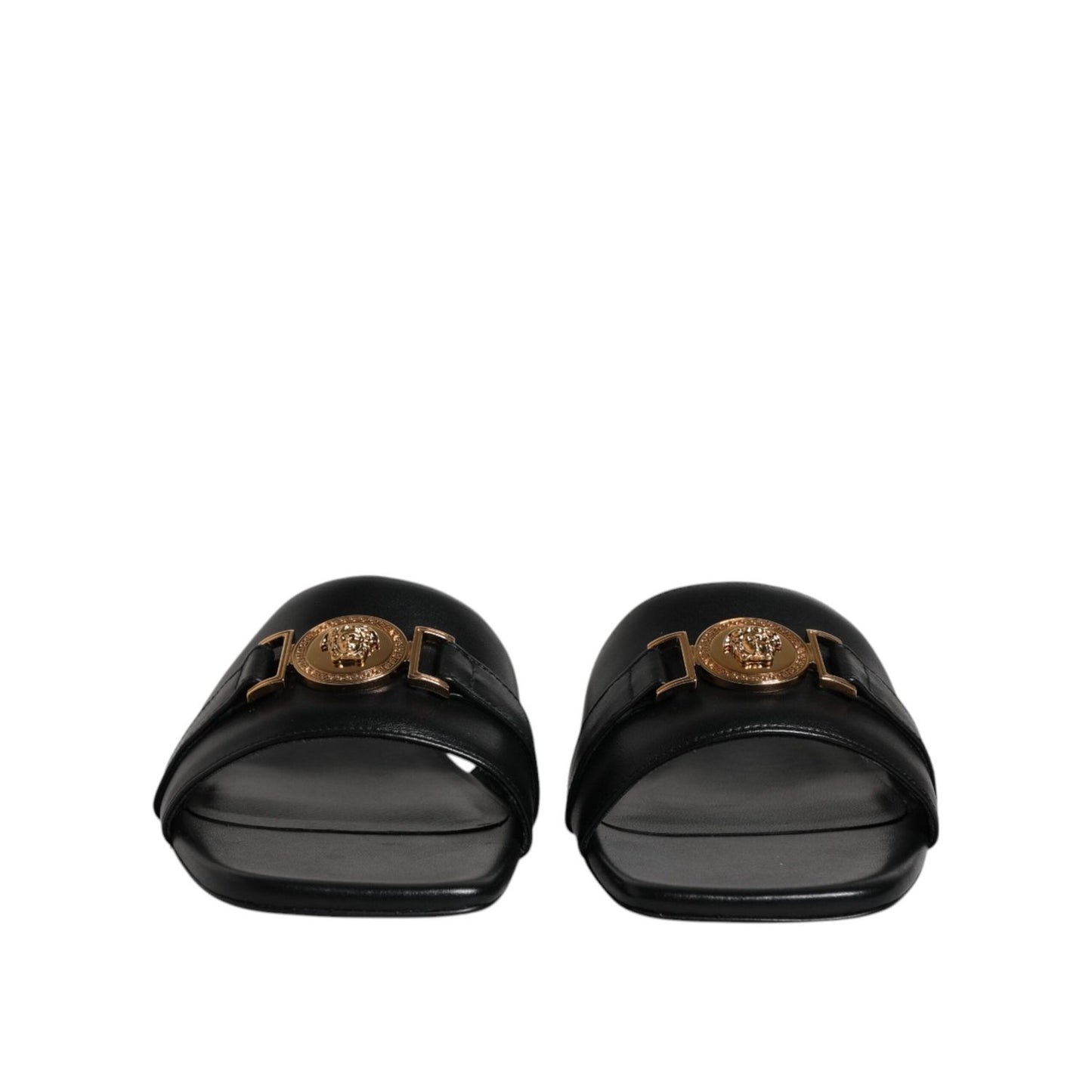 Versace Black Leather Logo Plaque Slip On Slides Flats Shoes LA12123-36