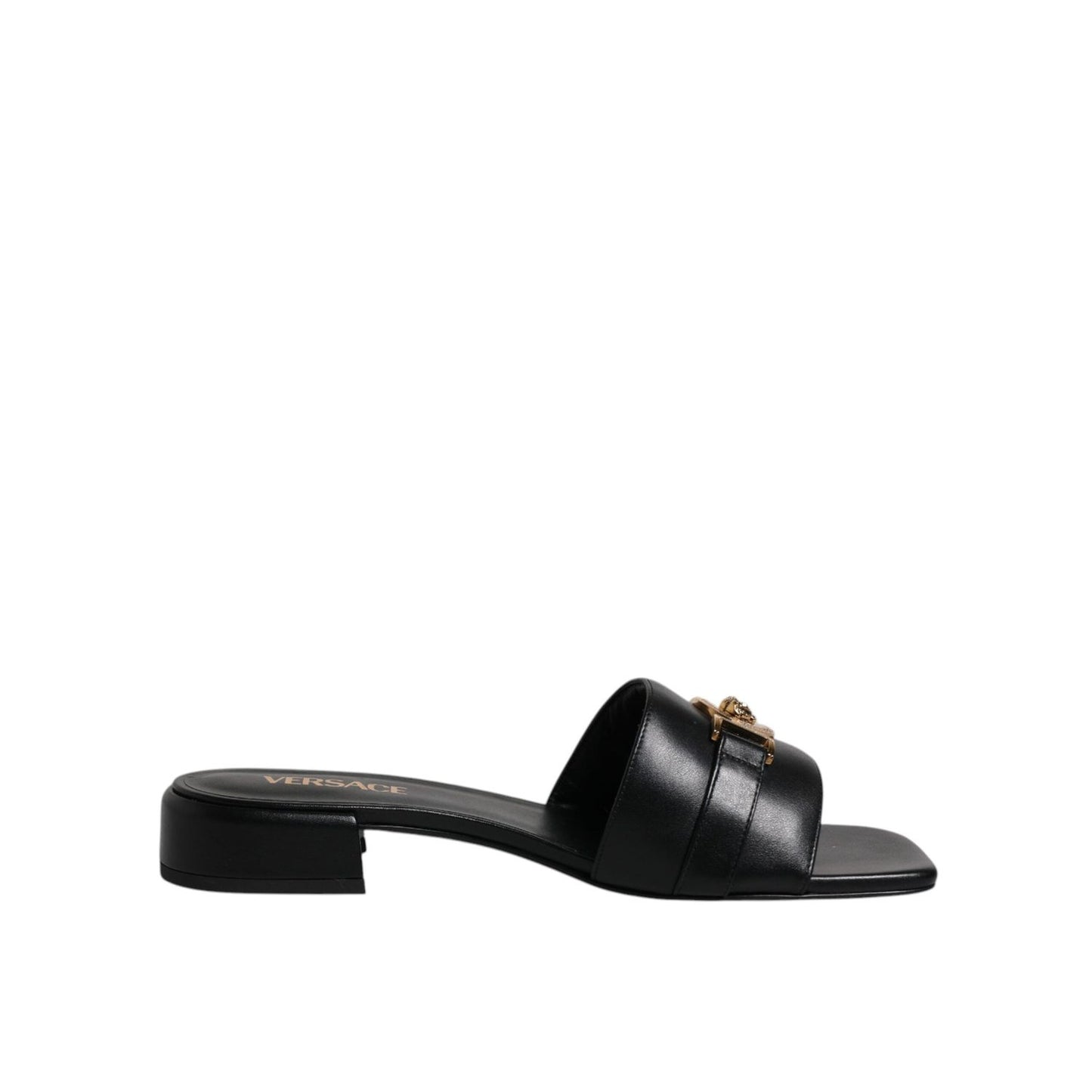 Versace Black Leather Logo Plaque Slip On Slides Flats Shoes LA12123-36