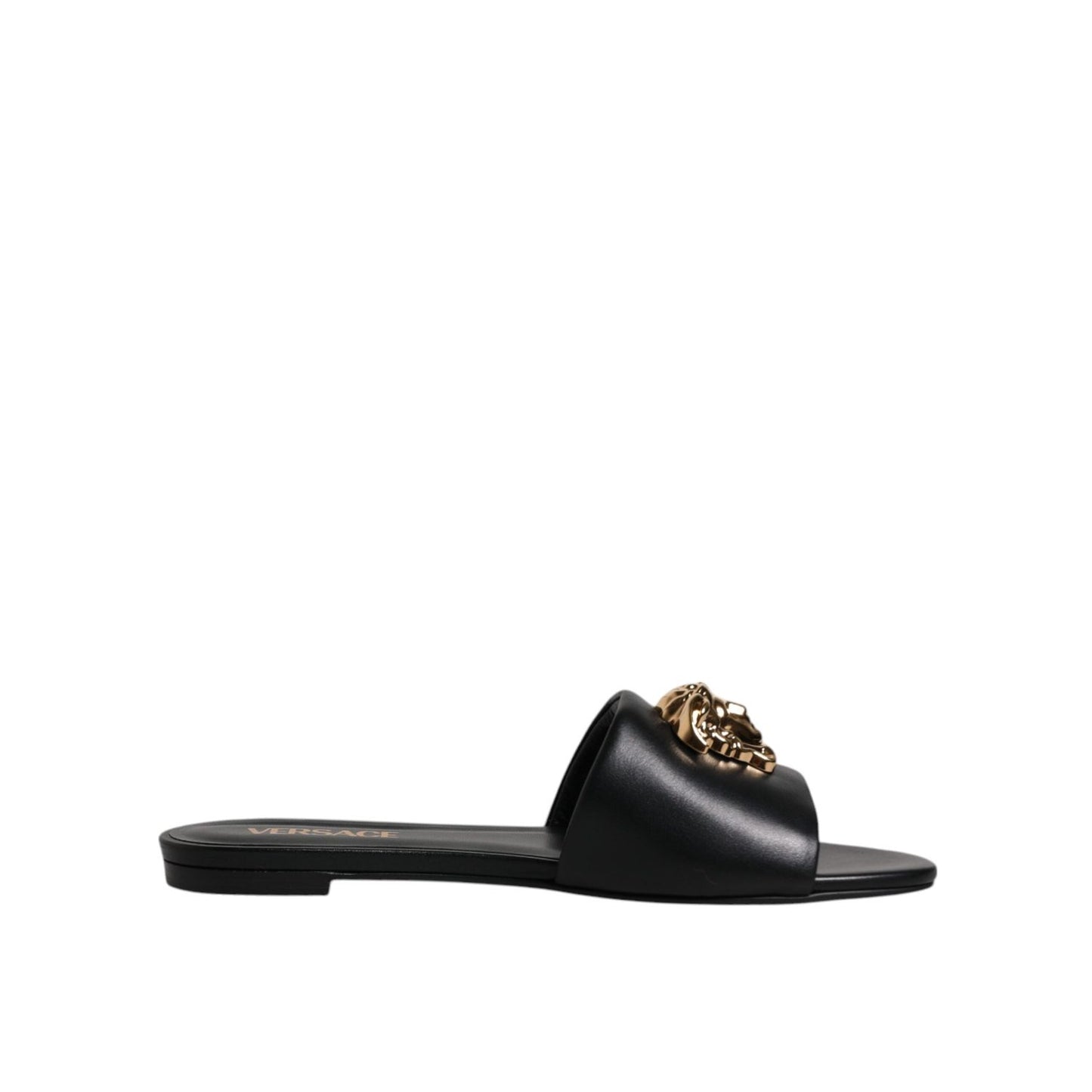 Versace Black Leather Logo Plaque Slip On Slides Flats Shoes LA12124-38