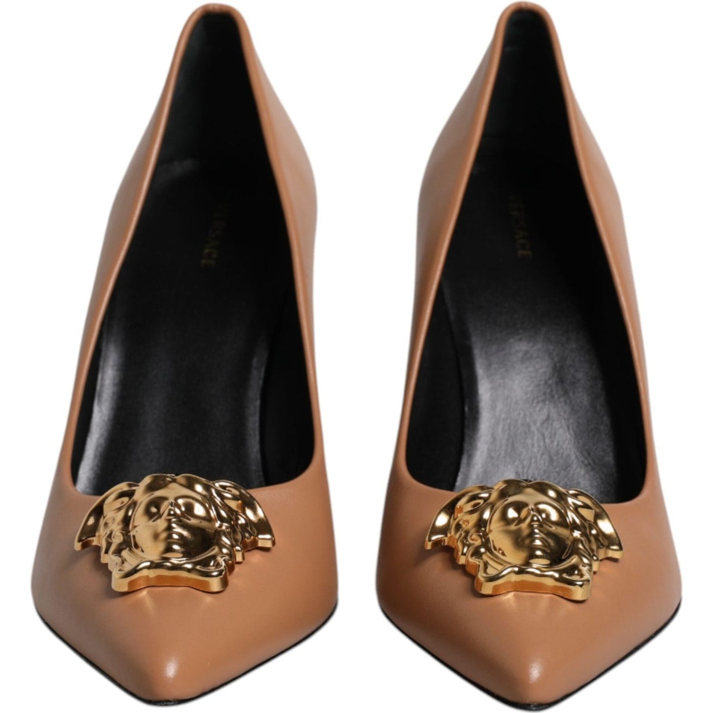 Versace Brown Leather Logo Plaque High Heels Pumps Shoes LA12126-37