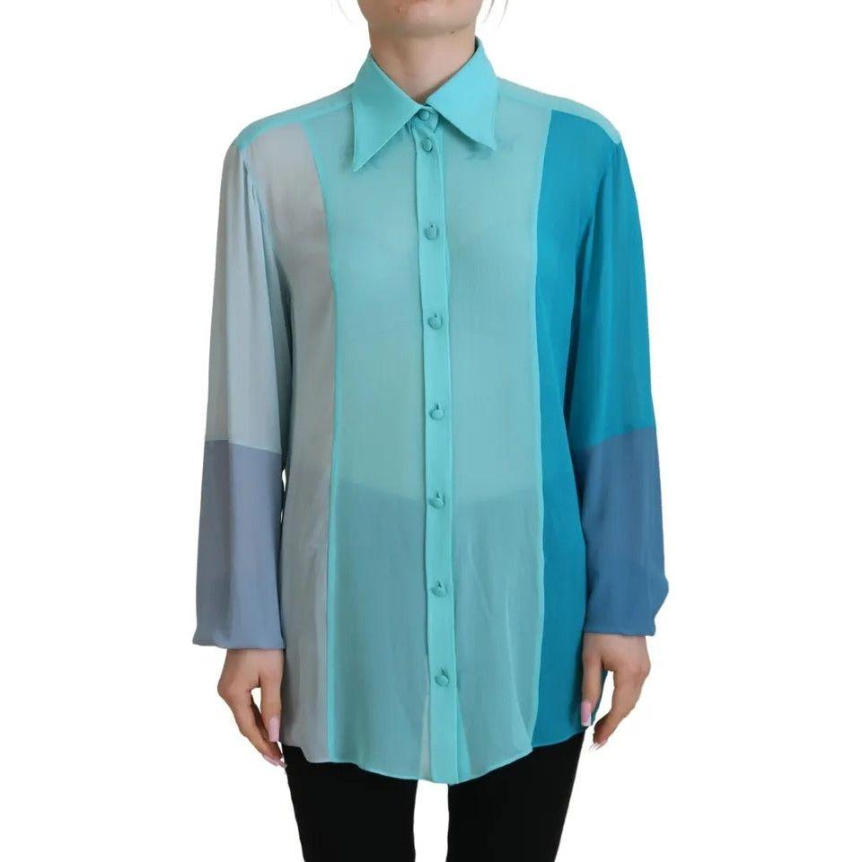 Dolce & Gabbana Blue Collar Long Sleeve Blouse Silk Top Dolce & Gabbana Cadet Blue