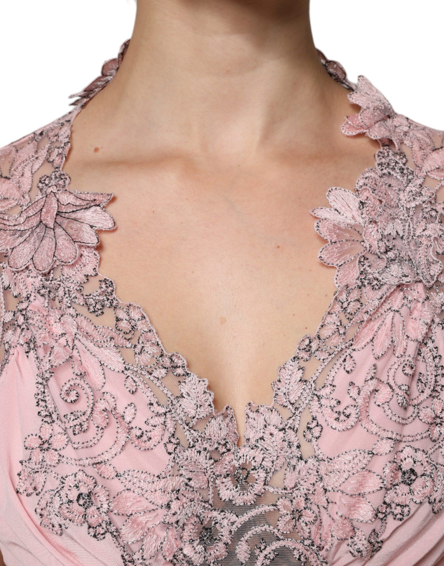 Ermanno Scervino Pink Floral Lace Short Sleeves V-neck Midi Dress DR281383-44
