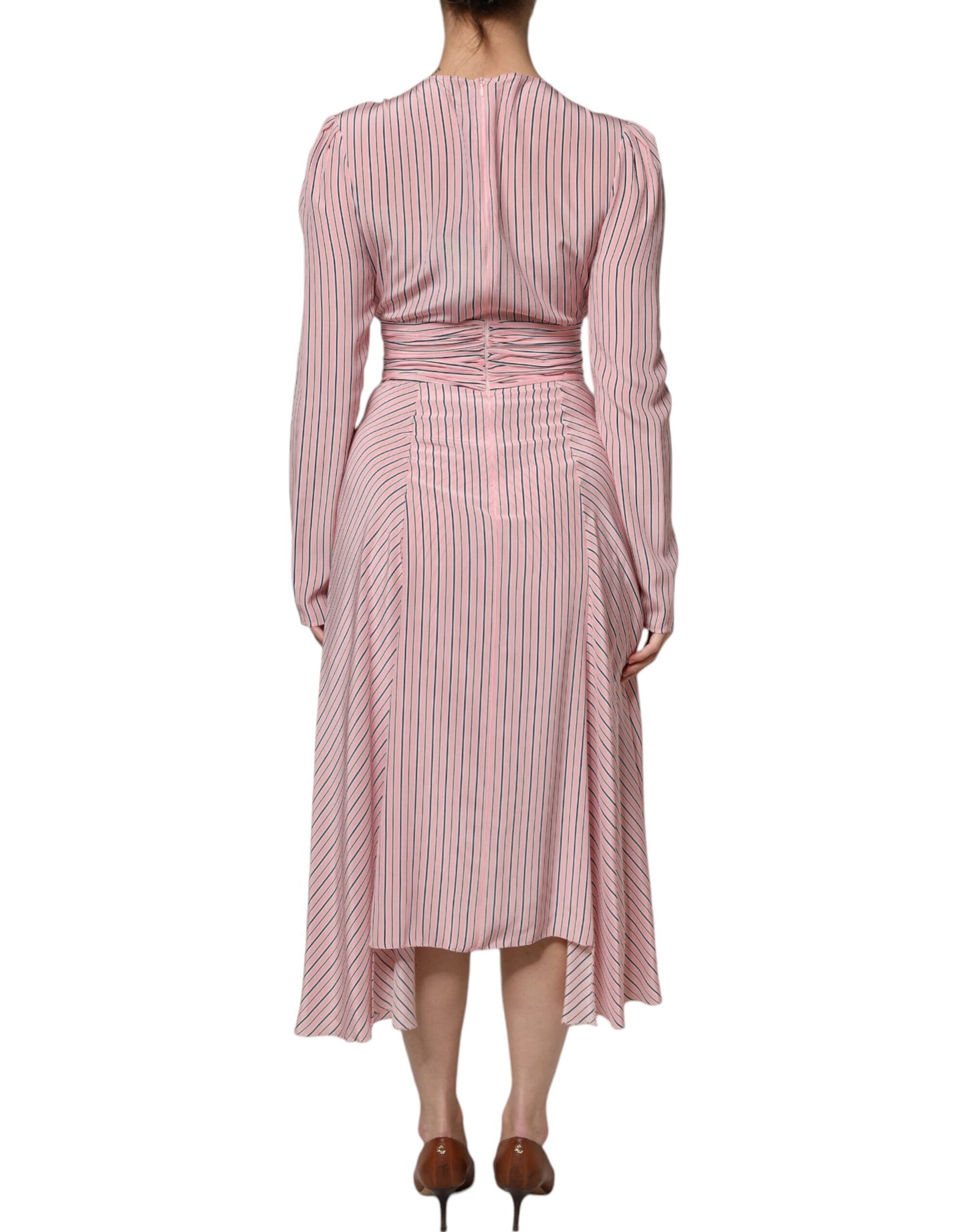 Ermanno Scervino Pink Stripes Silk Long Sleeves Midi Dress DR281401-38