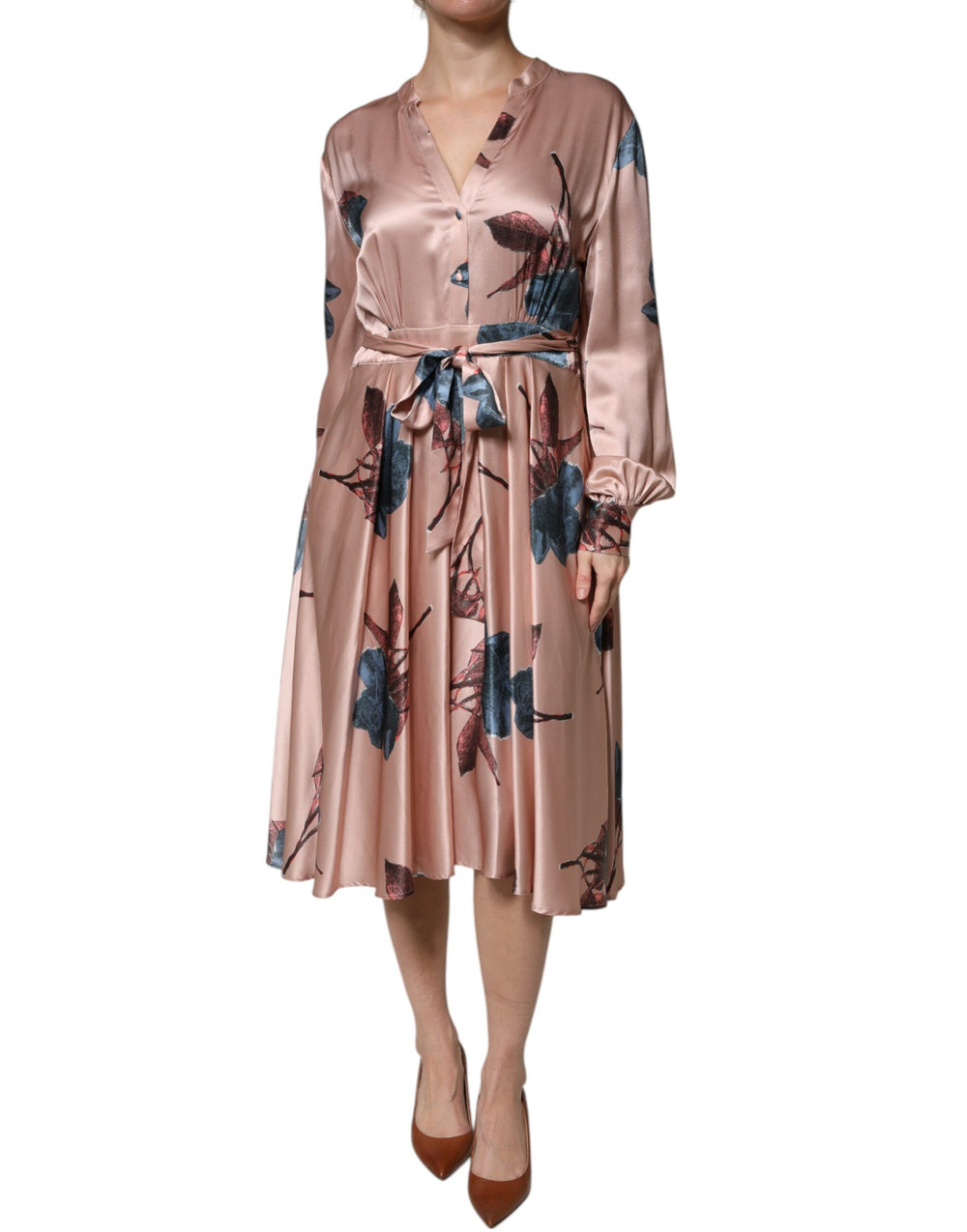L'Autre Chose Pink Satin Floral Long Sleeves A-line Midi Dress DR281412-44