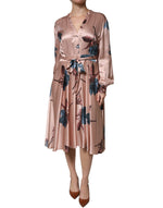 L'Autre Chose Pink Satin Floral Long Sleeves A-line Midi Dress DR281412-44
