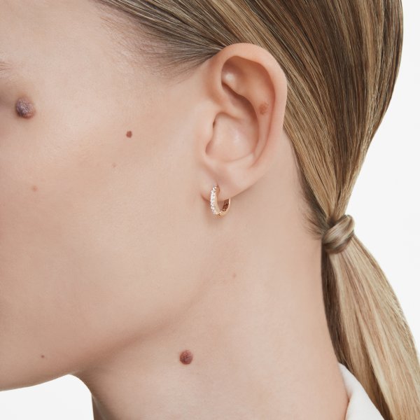 Close-up of woman wearing SWAROVSKI Mod. 5690669 silver earrings with quartz analog movement, showcasing elegant 38 mm design.