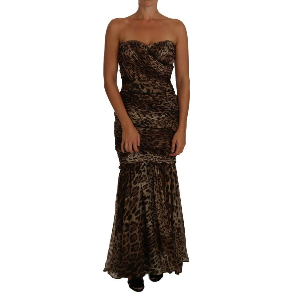 Dolce & Gabbana Brown Leopard Silk Chiffon Ruched Mermaid Maxi Dress DR1489-42