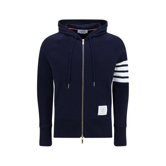 Thom Browne Blue Cotton Sweatshirt with white sleeve bands, front zipper, and logo patch detailing.