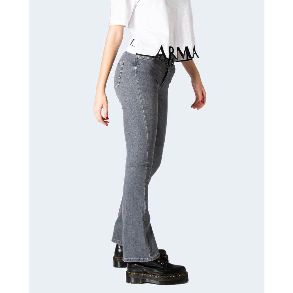 Side view of Only Gray Cotton Mid Flared Jeans for women, showcasing slim design and comfortable fit with slight stretch.